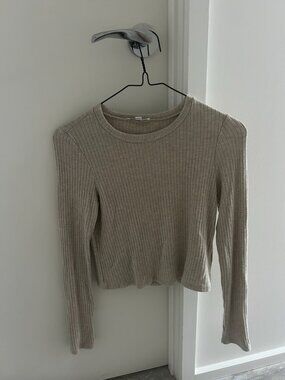 Reformation Ribbed Crop Long Sleeve Top | Oatmeal/Heather | Fitted | Size S